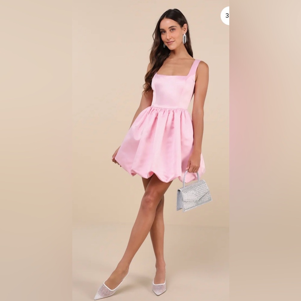 NWOT lulus Regal Cutie Light Pink Satin Square Neck Bubble-Hem Mini Dress READ - Picture 1 of 11